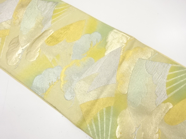 JAPANESE KIMONO / ANTIQUE FUKURO OBI / SILK / WOVEN FOLIDNG FAN & KASAMATSU PATTERN